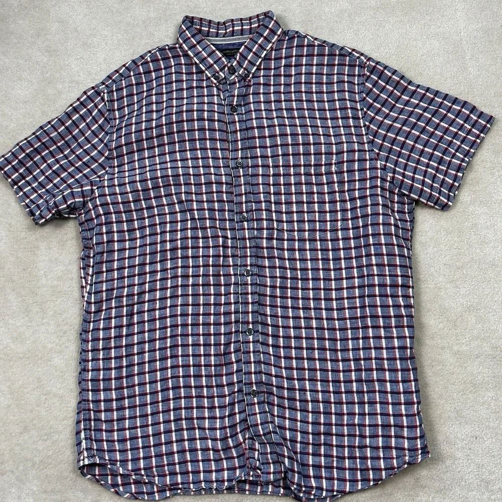 Banana Republic Shirt Mens Large Camden Fit 100% Linen Button Up Plaid